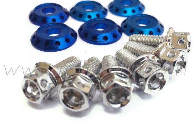 FENDER DRESS UP BOLT KIT - EVO - SILVER - BLUE WASHERS